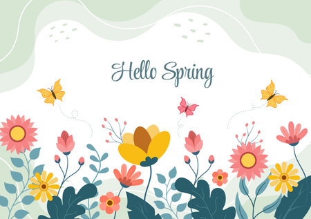 Spring Time Background with Flowers Season and Plant for Promotions, Magazines, Advertising or Websites. Nature Flat Vector Illustrationのイラスト素材