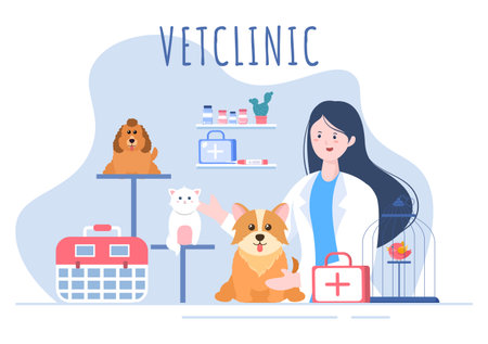 Veterinary Clinic Doctor Examining, Vaccination and Health care for Pets Like Dogs and Cats in Flat Cartoon Background Vector Illustration for Poster or Bannerのイラスト素材