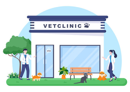 Veterinary Clinic Doctor Examining, Vaccination and Health care for Pets Like Dogs and Cats in Flat Cartoon Background Vector Illustration for Poster or Bannerのイラスト素材