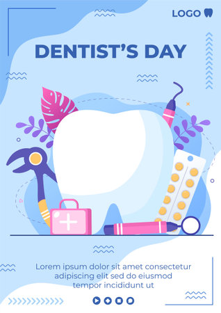 Dentist Day Flyer Template Flat Dental Design Illustration Editable of Square Backgroundのイラスト素材