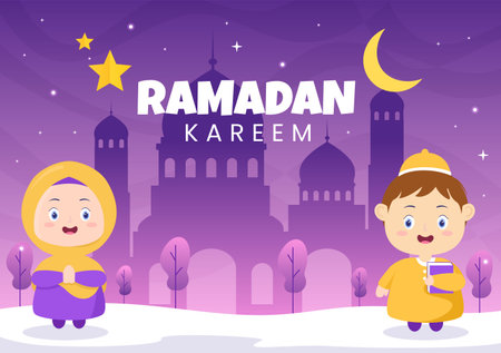 Ramadan Kareem with People, Mosque, Lanterns and Moon in Flat Background Vector Illustration for Religious Holiday Islamic Eid Fitr or Adha Festival Banner or Posterのイラスト素材