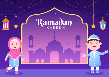 Ramadan Kareem with People, Mosque, Lanterns and Moon in Flat Background Vector Illustration for Religious Holiday Islamic Eid Fitr or Adha Festival Banner or Posterのイラスト素材