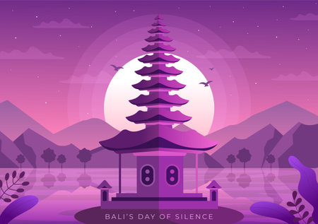 Happy Nyepi Day or Bali's Silence to Hindu Ceremonies in the Background of the Temple or Pura Illustration Suitable for Posterのイラスト素材