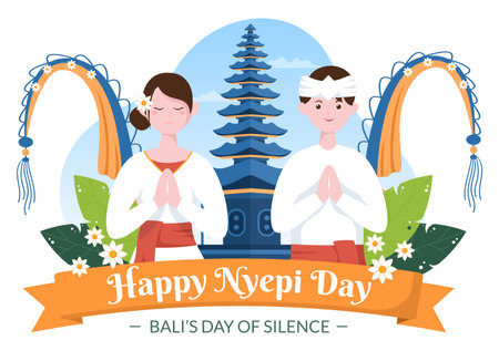 Happy Nyepi Day or Bali's Silence for Hindu Ceremonies in Bali with Galungan, Kuningan and Ngembak Geni in Background of the Temple Illustrationのイラスト素材