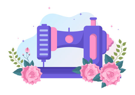 Tailor with Sewing, Cloth, Pincushion, Threads, Fashion Designer, Seamstress, Scissors and Measuring to Make Clothes in Flat Background Illustrationのイラスト素材