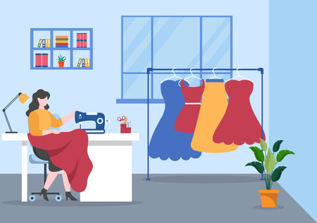 Tailor with Sewing, Cloth, Pincushion, Threads, Fashion Designer, Seamstress, Scissors and Measuring to Make Clothes in Flat Background Illustrationのイラスト素材