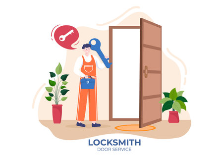 Locksmith Repairman Door Repair, Maintenance and Installation Service with Equipment as Screwdriver or Key in Flat Cartoon Background Illustrationのイラスト素材