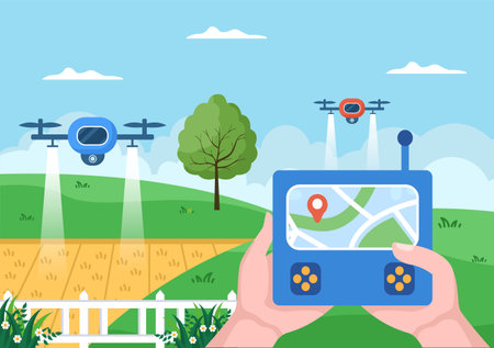 Smart Farming use Drone Technologies in Farm Industry for Plants Growing, Wind Mills, Solar Panels and Water in Flat Cartoon Background illustrationのイラスト素材