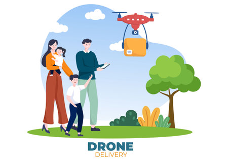 Delivery Service use Drone Background Vector Illustration. Employee Distributing Boxes using Modern Technology Device for Shipping Parcel Packageのイラスト素材