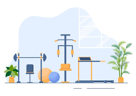 Workout Gym People Exercising Lifting Dumbbells and Weight, Jogging on Treadmill, Sport, Wellness or Fitness in Flat Poster Background illustrationのイラスト素材