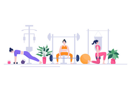 Workout Gym People Exercising Lifting Dumbbells and Weight, Jogging on Treadmill, Sport, Wellness or Fitness in Flat Poster Background illustrationのイラスト素材