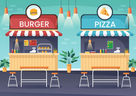 Eating in Food Court in the Middle of a Shopping Center Serving Fast Food Such as Pizza, Burgers or Tacos in the Form of Cartoon Flat Vector Illustrationのイラスト素材