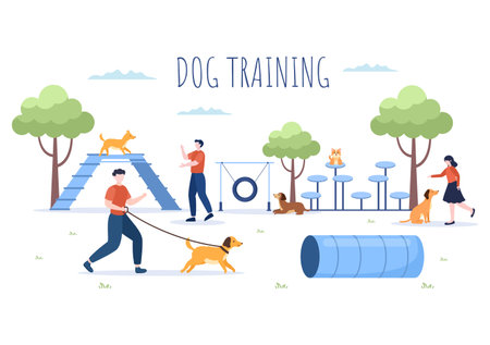 Dogs Training Center at Playground with Instructor Teaching Pets or Play for Tricks and Jumping Skills in Flat Cartoon Background Illustrationのイラスト素材