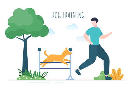 Dogs Training Center at Playground with Instructor Teaching Pets or Play for Tricks and Jumping Skills in Flat Cartoon Background Illustrationのイラスト素材
