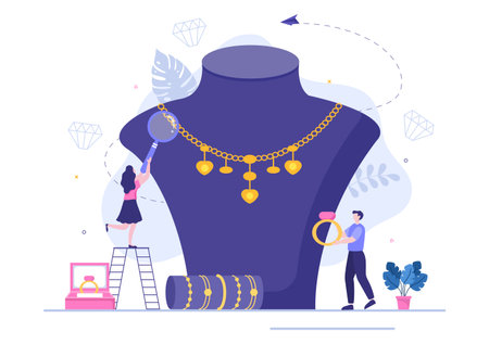 Jewelers Maker Jewelry Accessories Such as Necklaces, Earrings and Bracelets from Gems in Flat Style illustration for Poster Backgroundのイラスト素材