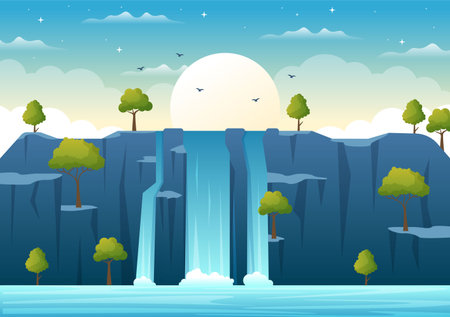 Waterfall Jungle Landscape of Tropical Natural Scenery with Cascade of Rocks, River Streams or Rocky Cliff in Flat Background Vector Illustrationのイラスト素材