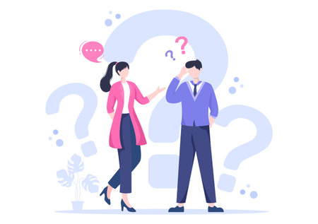 People Thinking to Make Decision, Problem Solving and Find Creative Ideas with Question Mark in Flat Cartoon Background for Poster Illustrationのイラスト素材