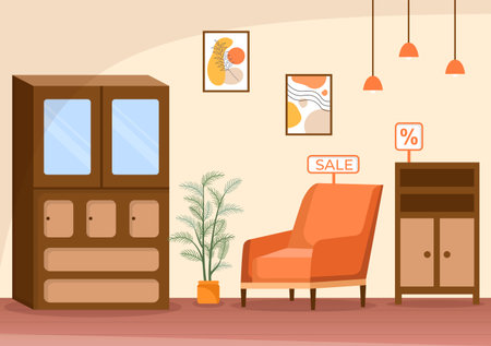 Home Furniture Store Flat Design Illustration for the Living Room to be Comfortable Like a Sofa, Desk, Cupboard, Lights, Plants and Wall Hangingsのイラスト素材