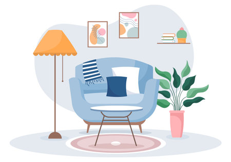 Home Furniture Flat Design Illustration for the Living Room to be Comfortable Like a Sofa, Desk, Cupboard, Lights, Plants and Wall Hangingsのイラスト素材