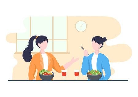People Eating Food at Each Meal with Health Benefits, Balanced Diet, Vegan, Nutritional and the Food Should be Eaten Every Day in Flat Background Illustrationのイラスト素材