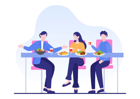 People Eating Food at Each Meal with Health Benefits, Balanced Diet, Vegan, Nutritional and the Food Should be Eaten Every Day in Flat Background Illustrationのイラスト素材