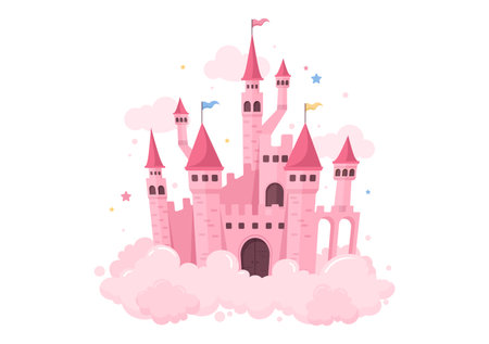 Castle with Majestic Palace Architecture and Fairytale Like Scenery in Cartoon Flat Style Illustrationのイラスト素材