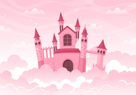 Castle with Majestic Palace Architecture and Fairytale Like Scenery in Cartoon Flat Style Illustrationのイラスト素材