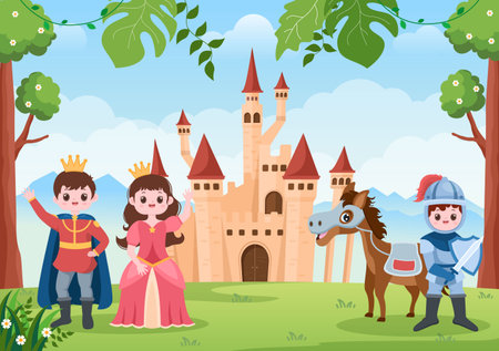 Prince, Queen and Knight with Horse in Front of the Castle with Majestic Palace Architecture and Fairytale Like Forest Scenery in Cartoon Flat Style Illustrationのイラスト素材