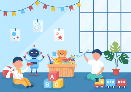 Cute Children Playing with Various Toy at Kindergarten in Flat Cartoon Style Illustration. Interior of Playroom for fun and Gamingのイラスト素材