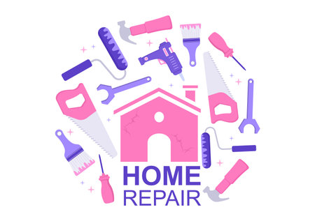 Home Renovation or Repair with Construction Tools, Laying Floor Tiles and Painting Wall to Good Decoration Condition in Flat Background Illustrationのイラスト素材