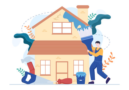 Home Renovation or Repair with Construction Tools, Laying Floor Tiles and Painting Wall to Good Decoration Condition in Flat Background Illustrationのイラスト素材