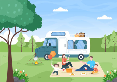 Camping Car Background Illustration with Tent, Camper Car and Equipment for People on Adventure Tours or Holidays in the Forest or Mountainsのイラスト素材