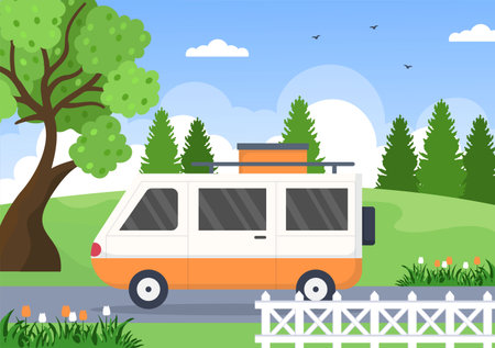 Camping Car Background Illustration with Tent, Camper Car and Equipment for People on Adventure Tours or Holidays in the Forest or Mountainsのイラスト素材