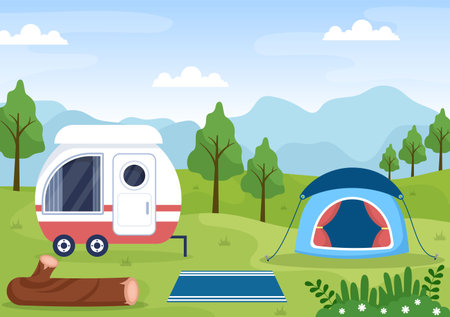 Camping Car Background Illustration with Tent, Camper Car and Equipment for People on Adventure Tours or Holidays in the Forest or Mountainsのイラスト素材