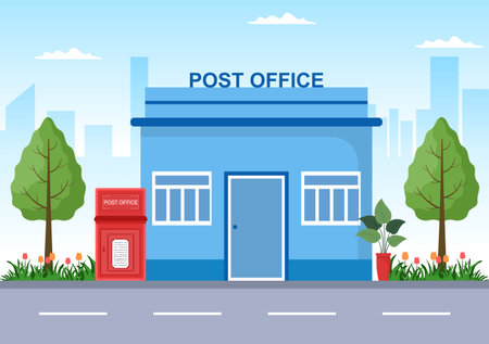 Postman Cartoon Building Vector Illustration Wearing a Uniform Carrying a Backpack Containing Letters to Send or Placing Envelope in Postal Service Mailboxのイラスト素材