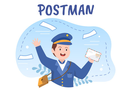 Postman Cartoon Vector Illustration Wearing a Uniform Carrying a Backpack Containing Letters to Send or Placing Envelope in Postal Service Mailboxのイラスト素材