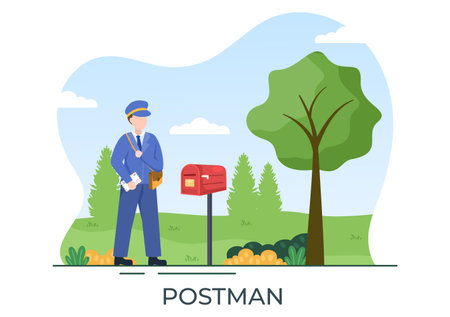 Postman Cartoon Vector Illustration Wearing a Uniform Carrying a Backpack Containing Letters to Send or Placing Envelope in Postal Service Mailboxのイラスト素材