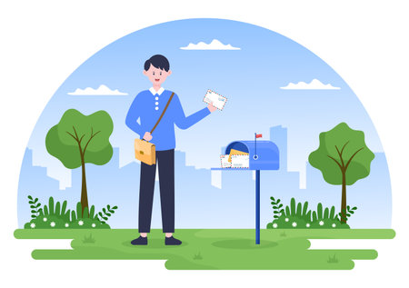 Postman Cartoon Vector Illustration Wearing a Uniform Carrying a Backpack Containing Letters to Send or Placing Envelope in Postal Service Mailboxのイラスト素材