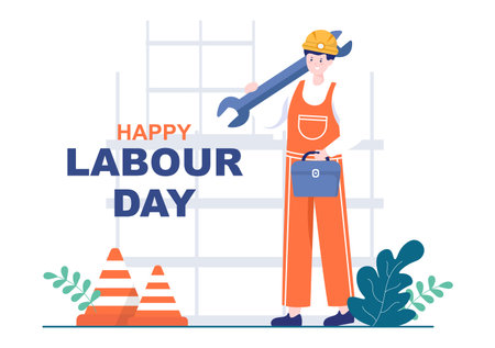 Happy Labor Day from People of Various Professions, Different Background and Thanks to Your Hard Work in Flat Cartoon Illustration for Posterのイラスト素材