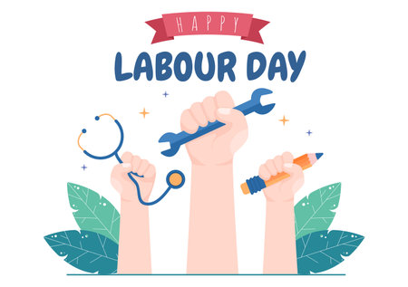 Happy Labor Day from People of Various Professions, Different Background and Thanks to Your Hard Work in Flat Cartoon Illustration for Posterのイラスト素材