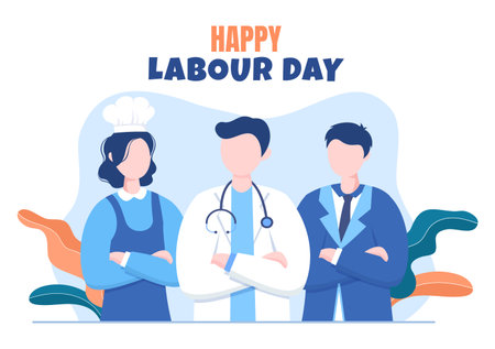 Happy Labor Day from People of Various Professions, Different Background and Thanks to Your Hard Work in Flat Cartoon Illustration for Posterのイラスト素材