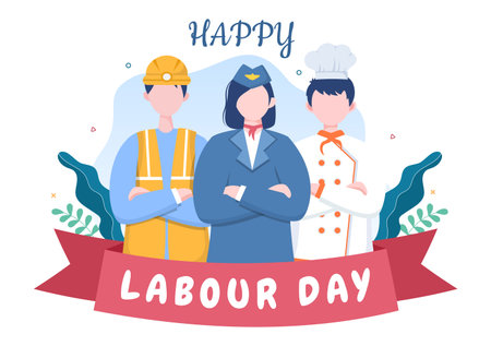 Happy Labor Day from People of Various Professions, Different Background and Thanks to Your Hard Work in Flat Cartoon Illustration for Posterのイラスト素材
