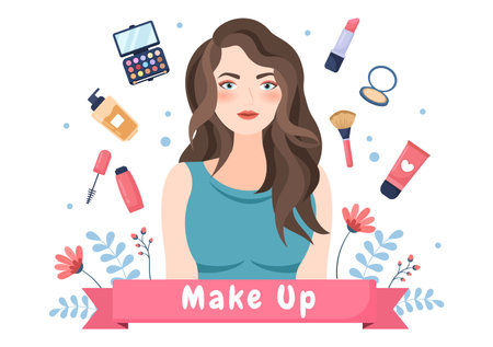 Make Up Cosmetics Collection of Glamour Girl Like Nail Polish, Mascara, Lipstick, Eyeshadows, Brush or Powder in Flat Cartoon Vector Illustrationのイラスト素材