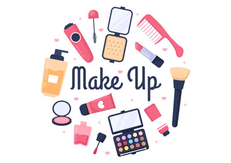 Make Up Cosmetics Collection of Glamour Girl Like Nail Polish, Mascara, Lipstick, Eyeshadows, Brush or Powder in Flat Cartoon Vector Illustrationのイラスト素材