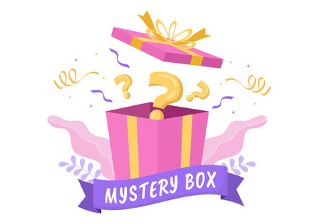 Mystery Gift Box with Cardboard Box Open Inside with a Question Mark, Lucky Gift or Other Surprise in Flat Cartoon Style Illustrationのイラスト素材