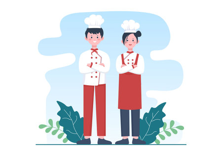 Professional Chef Cartoon Character Cooking Illustration with Different Trays and Food to Serve Delicious Food Suitable for Poster or Backgroundのイラスト素材
