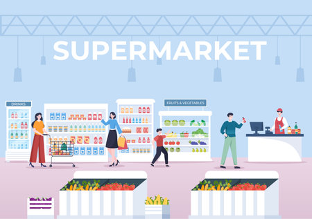 Supermarket with Shelves, Grocery Items and Full Shopping Cart, Retail, Products and Consumers in Flat Cartoon Background Illustrationのイラスト素材
