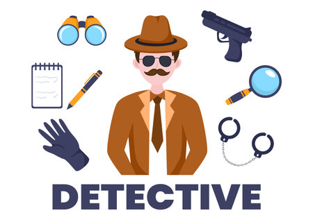 Private Investigator or Detective Who Collects Information to Solve Crimes with Equipment such as Magnifying Glass, Handcuffs and Other in Cartoon Background Illustrationのイラスト素材