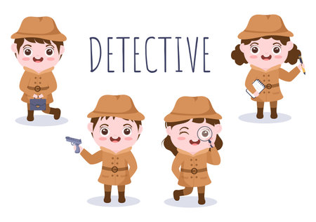 Children's Cartoon Private Investigator or Detective Who Collects Information to Solve Crimes with Equipment such as Magnifying Glass and Other in Background Illustrationのイラスト素材