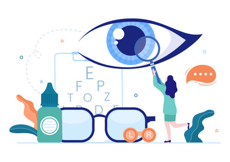 Ophthalmology of Checks Patient Sight, Optical Eyes Test, Spectacles Technology and Choosing Eyeglasses with Correction Lens in Flat Cartoon Illustrationのイラスト素材